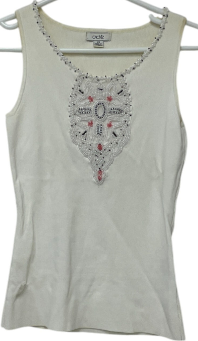 Cache Tank Top Womens XS White Beaded Knit Regular Fit Scoop Neck Sleeveless